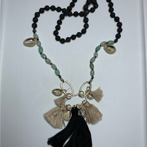 Boho Tassel & Cowie Shell Chalcedony Lava Rock Statement Necklace